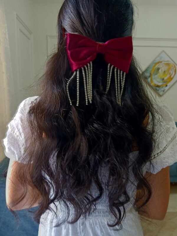 Wine red velvet hair bow with silver crystal chains.