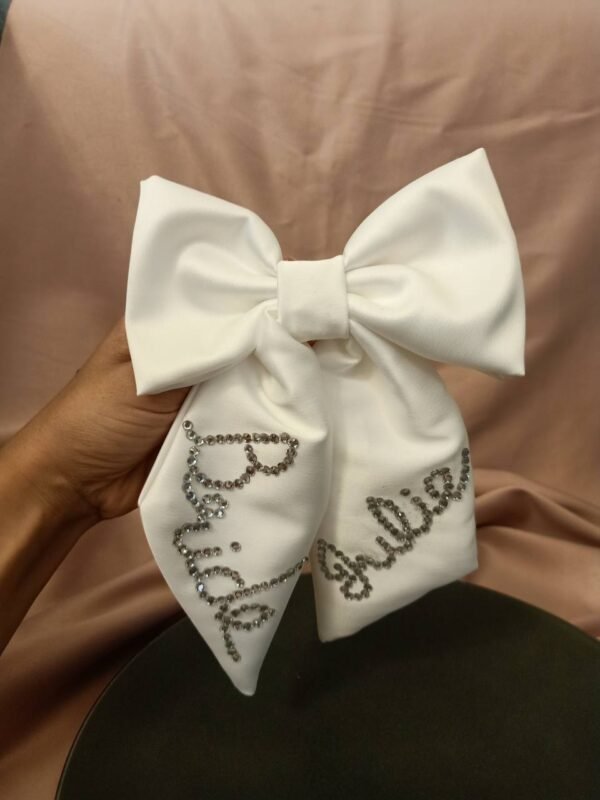 White satan hair bow with shiny crystals - Image 2