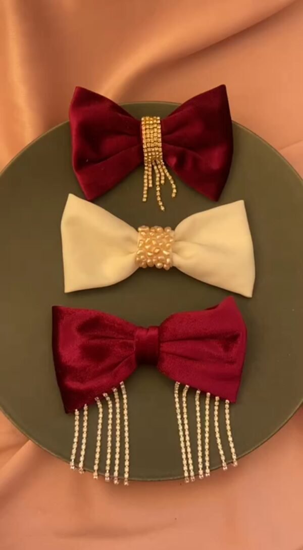 Wine red velvet hair bow with silver crystal chains. - Image 2