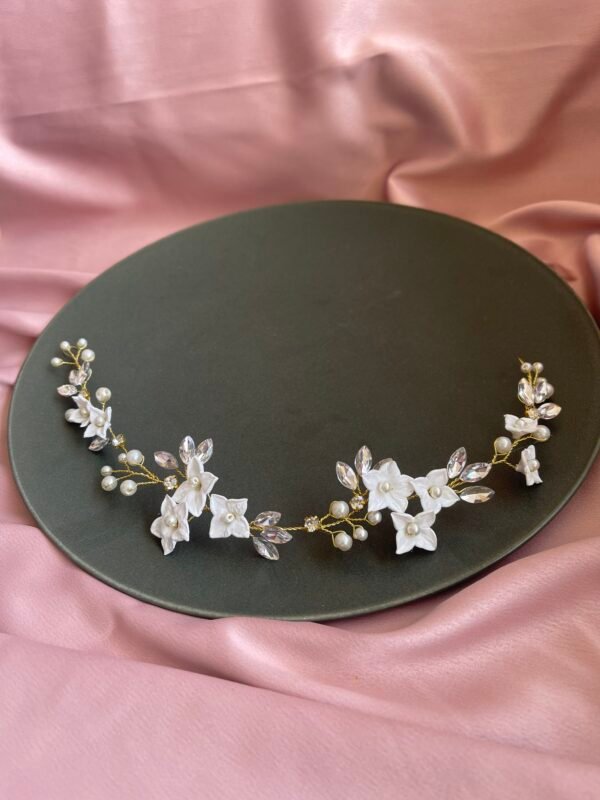 Golden Floral headpiece for bridal hairstyle.