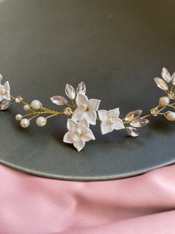 Golden Floral headpiece for bridal hairstyle. - Image 3